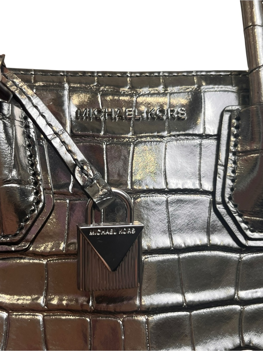 Michael Kors Mercer Gunmetal Metallic Croc Embossed Leather Crossbody Bag NWOT - Picture 2 of 14